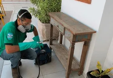 Profissional da Hiena com máscara e luvas tratando uma peça de madeira