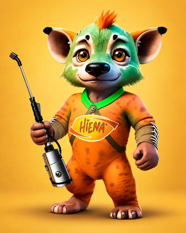 Mascote da Hiena segurando um pulverizador, com uniforme laranja e verde e o logotipo da empresa
